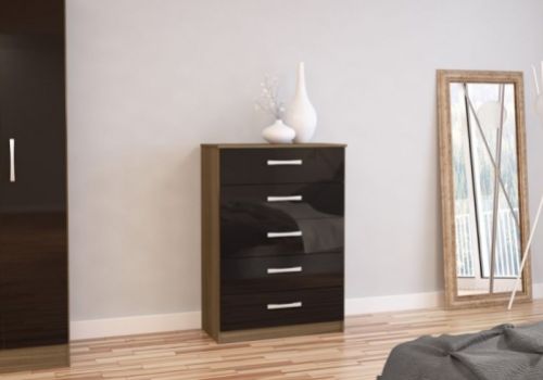 Birlea Lynx Walnut With Black Gloss 5 Drawer Chest of Drawers