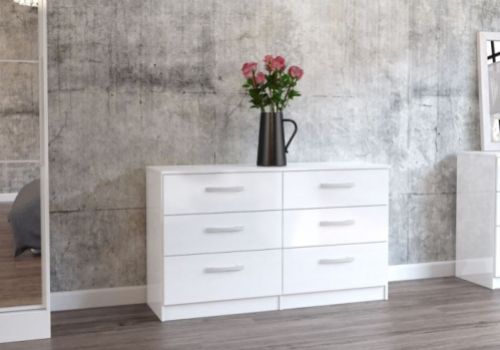 Birlea Lynx White Gloss 6 Drawer Wide Chest of Drawers