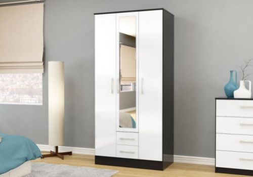 Birlea Lynx Black with White Gloss 3 Door 2 Drawer Wardrobe with Centre Mirror