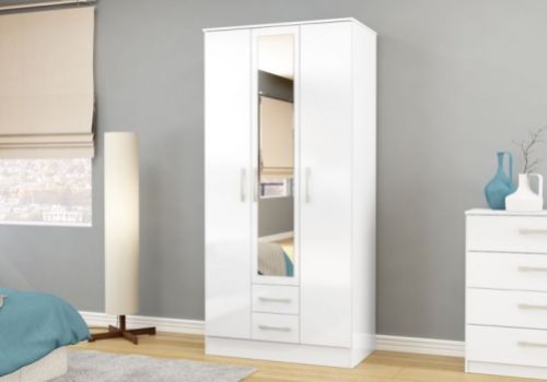 Birlea Lynx White Gloss 3 Door 2 Drawer Wardrobe with Centre Mirror
