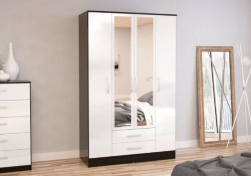 Birlea Lynx Black with White Gloss 4 Door 2 Drawer Wardrobe with Centre Mirrors