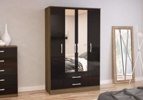 Birlea Lynx Walnut With Black Gloss 4 Door 2 Drawer Wardrobe With Centre Mirrors