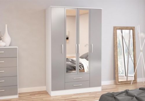 Birlea Lynx White With Grey Gloss 4 Door 2 Drawer Wardrobe With Centre Mirrors
