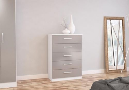 Birlea Lynx White With Grey Gloss 5 Drawer Chest of Drawers