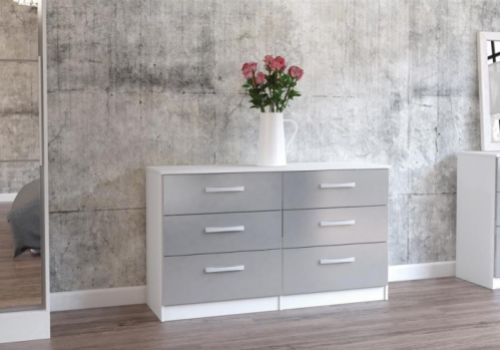 Birlea Lynx White With Grey Gloss 6 Drawer Wide Chest of Drawers