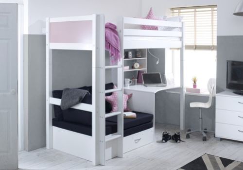 Thuka Nordic Highsleeper Bed 3 With Rose Colour End Panels, Desk And Black Sofabed