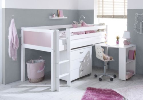 Thuka Nordic Midsleeper Bed 2 With Rose End Panels, Desk And Chest