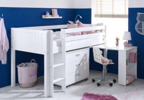 Thuka Nordic Midsleeper Bed 2 With Grooved End Panels, Desk And Chest