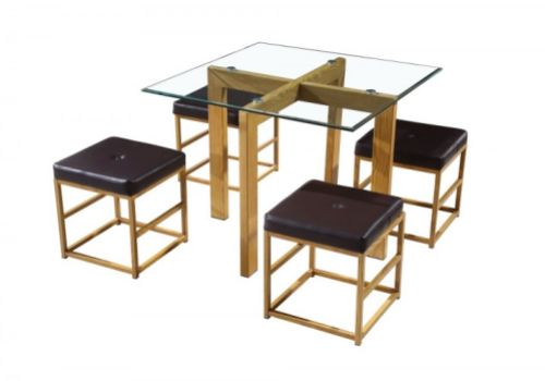 LPD Cube Glass And Metal Dining Set With Brown Seats