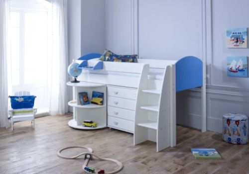 Kids Avenue Eli D Midsleeper Bed Set In White And Blue
