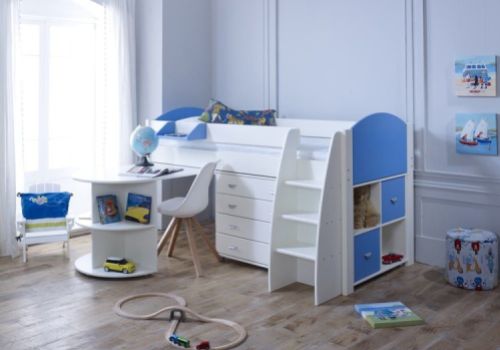 Kids Avenue Eli E Midsleeper Bed Set In White And Blue