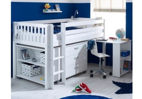 Thuka Nordic Midsleeper Bed 3 With Slatted End Panels, Desk, Bookcase And Chest