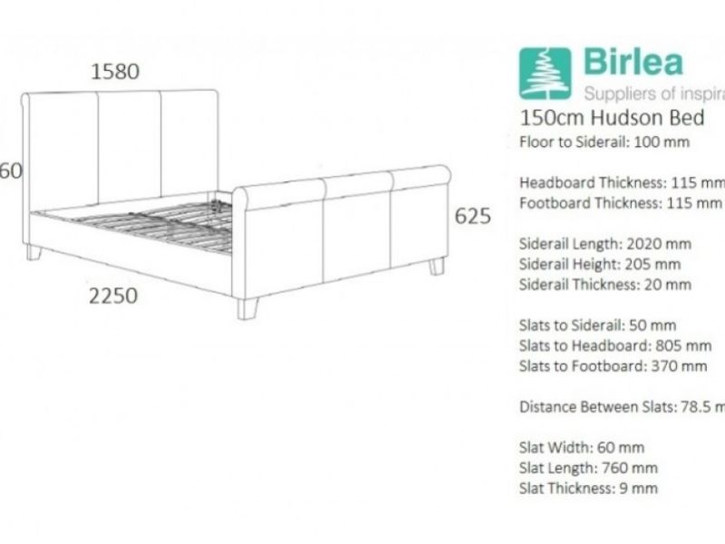 Birlea Hudson 5ft Kingsize Grey Fabric Bed Frame