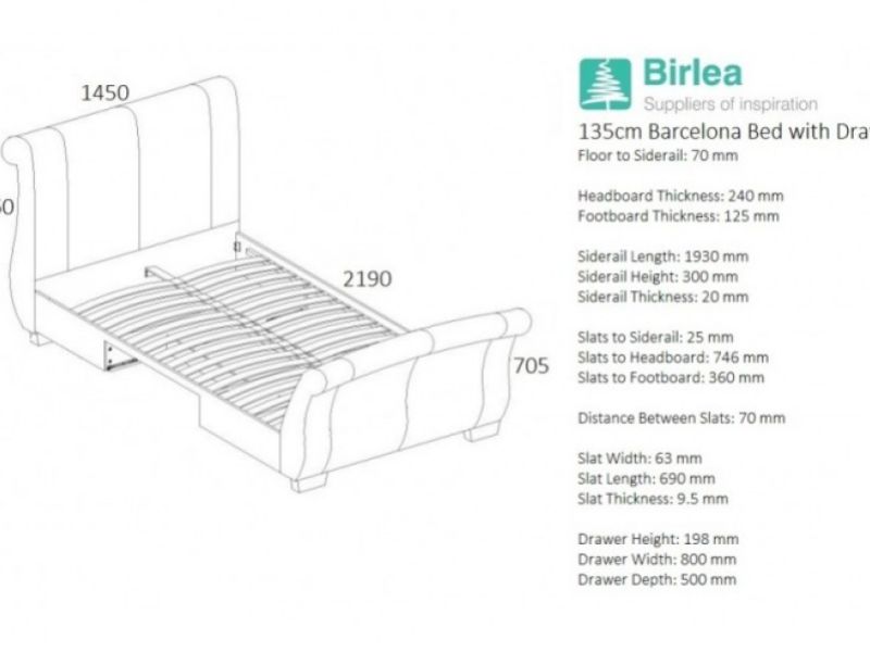 Birlea Barcelona 4ft6 Double Grey Fabric Bed Frame with 2 Drawers