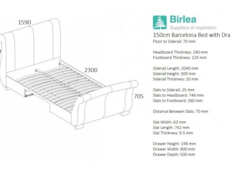 Birlea Barcelona 5ft Kingsize Grey Fabric Bed Frame with 2 Drawers