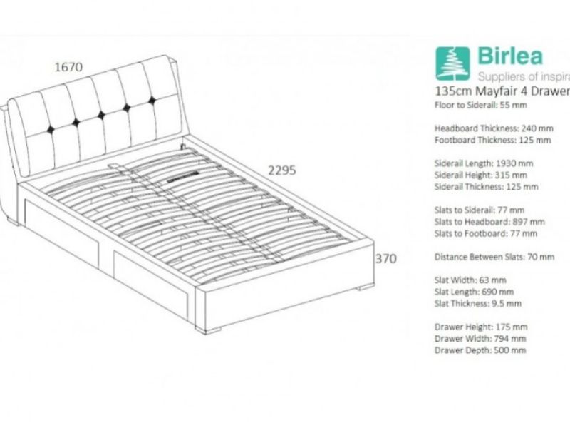 Birlea Mayfair 4ft6 Double Grey Fabric Bed Frame with 4 Drawers