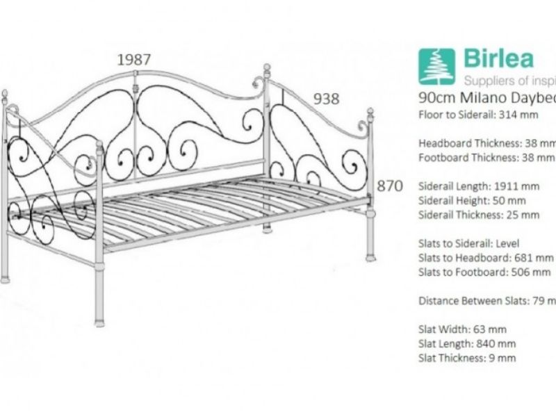 Birlea Milano 3ft Single Black Metal Day Bed Frame with Trundle