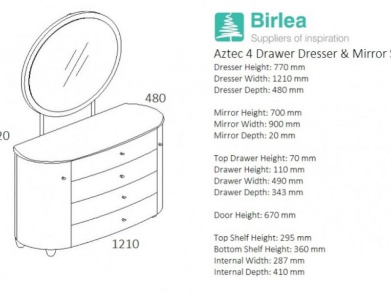 Birlea Aztec White Gloss 4 Drawer Dresser and Mirror Set