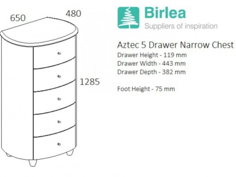 Birlea Aztec White Gloss 5 Drawer Narrow Chest