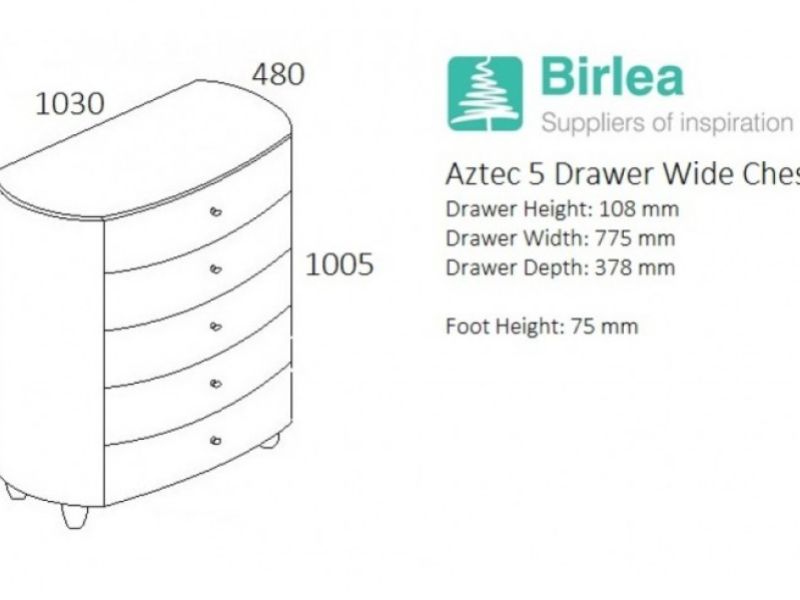 Birlea Aztec White Gloss 5 Drawer Chest