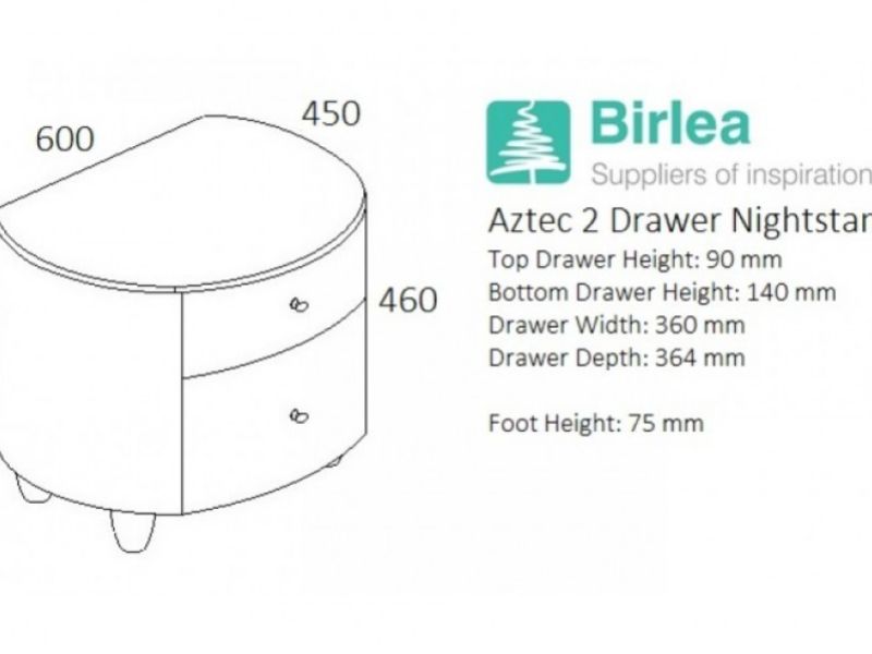 Birlea Aztec White Gloss 2 Drawer Nightstand