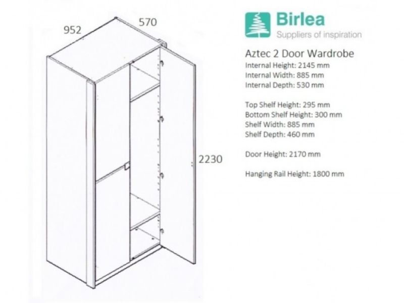 Birlea Aztec White Gloss 2 Door Wardrobe