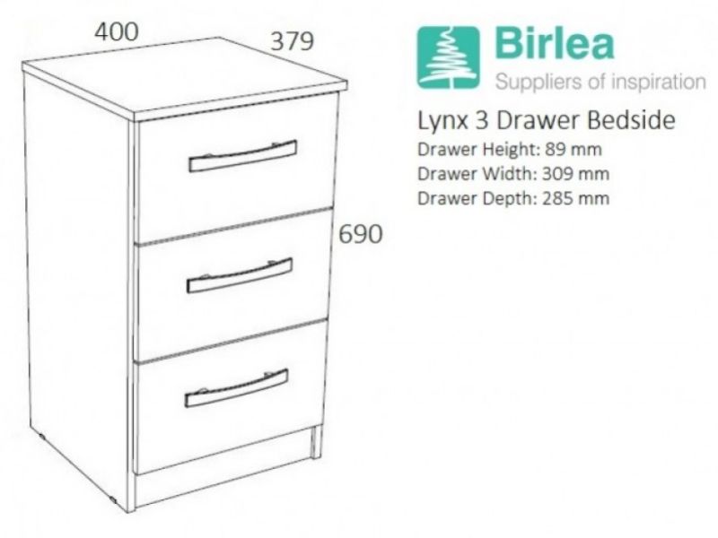 Birlea Lynx White With Grey Gloss 3 Drawer Bedside