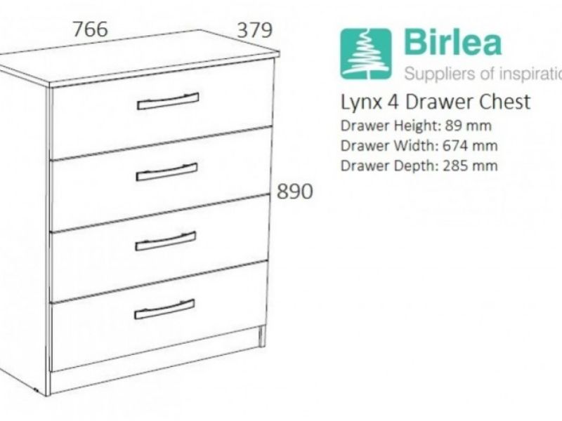 Birlea Lynx Black with White Gloss 4 Drawer Chest of Drawers