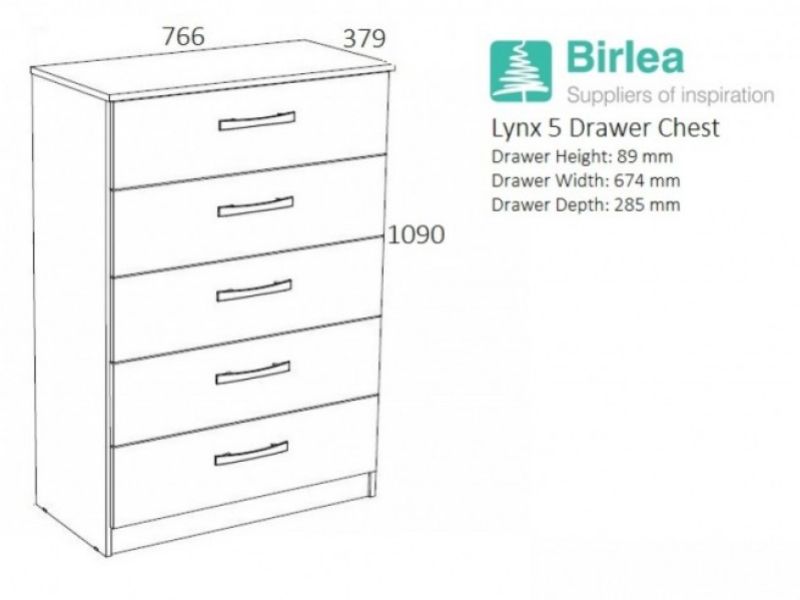 Birlea Lynx White With Grey Gloss 5 Drawer Chest of Drawers