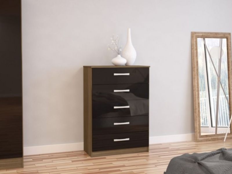 Birlea Lynx Walnut With Black Gloss 5 Drawer Chest of Drawers