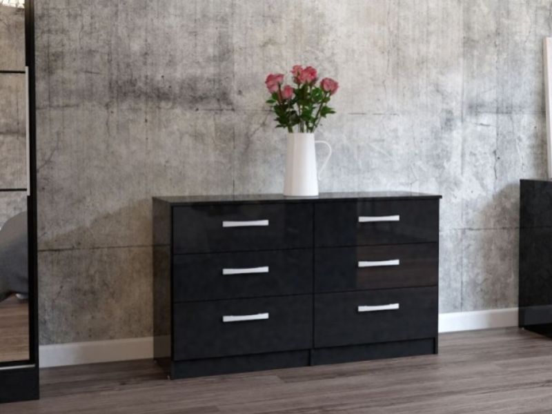 Birlea Lynx Black Gloss 6 Drawer Wide Chest of Drawers