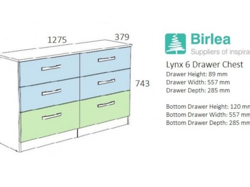 Birlea Lynx Black Gloss 6 Drawer Wide Chest of Drawers