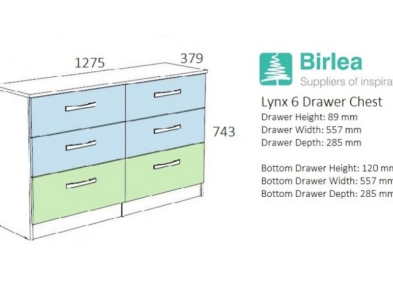 Birlea Lynx Black with White Gloss 6 Drawer Wide Chest of Drawers