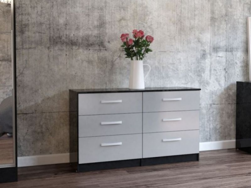 Birlea Lynx Black with Grey Gloss 6 Drawer Wide Chest of Drawers