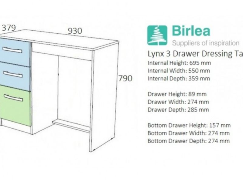 Birlea Lynx Black with Black Gloss 3 Drawer Single Pedestal Dressing Table