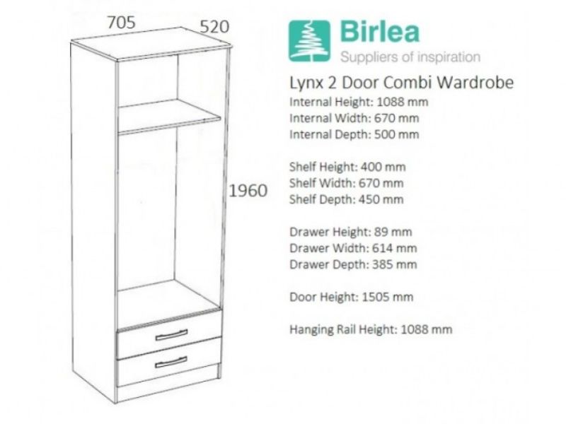 Birlea Lynx Walnut with Cream Gloss 2 Door Combi Robe