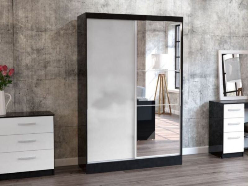 Birlea Lynx Black with White Gloss Sliding Door Wardrobe with Mirror