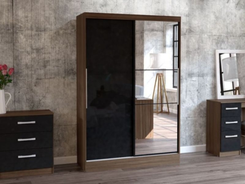 Birlea Lynx Walnut With Black Gloss Sliding Door Wardrobe with Mirror