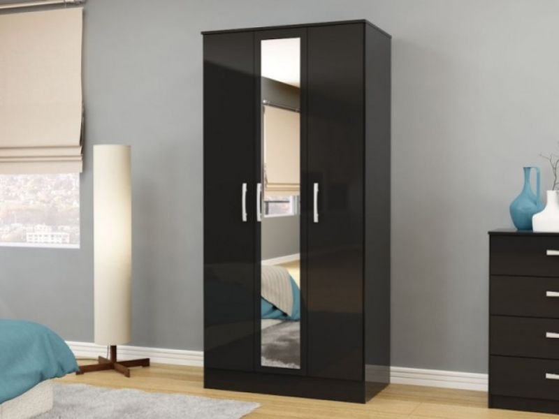 Birlea Lynx Black with Black Gloss 3 Door Wardrobe with Mirror