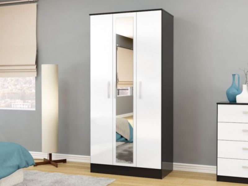 Birlea Lynx Black with White Gloss 3 Door Wardrobe with Centre Mirror