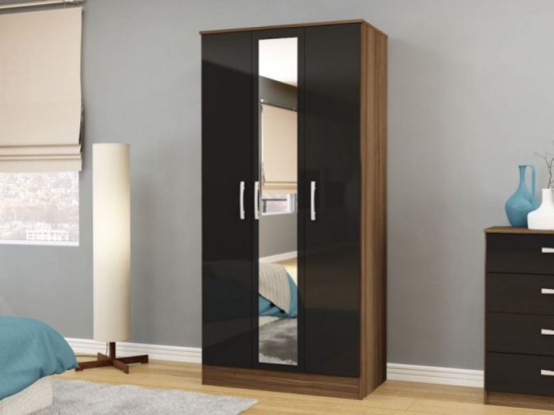 Birlea Lynx Walnut with Black Gloss 3 Door Wardrobe with Center Mirror