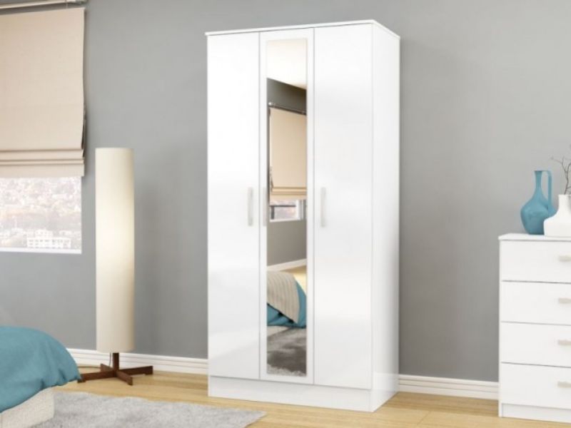 Birlea Lynx White with White Gloss 3 Door Wardrobe with Centre Mirror