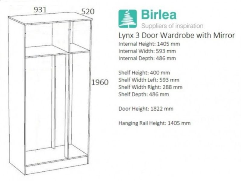 Birlea Lynx White with White Gloss 3 Door Wardrobe with Centre Mirror