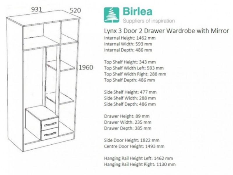 Birlea Lynx Walnut with Cream Gloss 3 Door 2 Drawer Wardrobe with Center Mirror