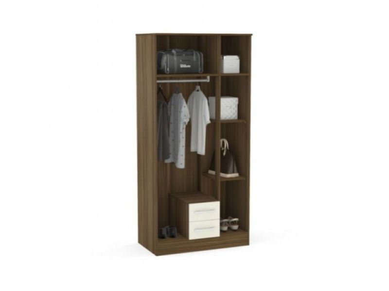 Birlea Lynx Walnut with White Gloss 3 Door 2 Drawer Wardrobe with Center Mirror