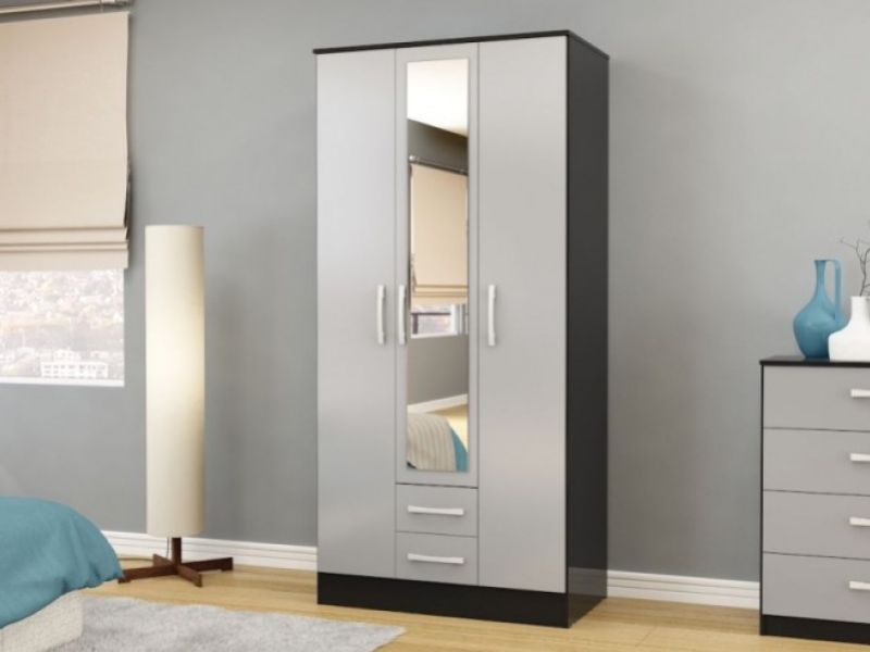 Birlea Lynx Black with Grey Gloss 3 Door 2 Drawer Wardrobe with Centre Mirror