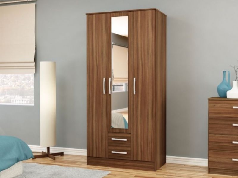 Birlea Lynx Walnut 3 Door 2 Drawer Wardrobe with Centre Mirror