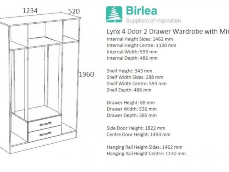 Birlea Lynx Walnut With Black Gloss 4 Door 2 Drawer Wardrobe With Centre Mirrors