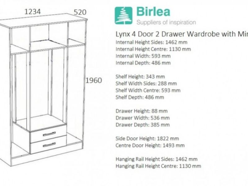 Birlea Lynx Walnut with White Gloss 4 Door 2 Drawer Wardrobe with Center Mirrors