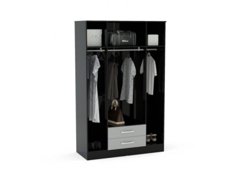 Birlea Lynx Black with Grey Gloss 4 Door 2 Drawer Wardrobe with Center Mirrors